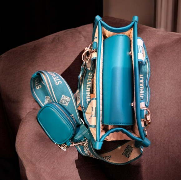 STEVE MADDEN BWEBBER STRAW SATCHEL CROSSBODY BAG W AIR POD CASE TEAL NWT - Picture 6 of 10